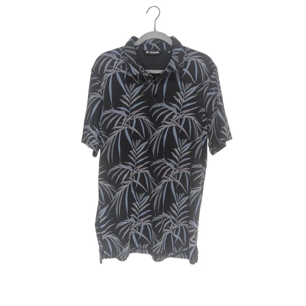 Travis Mathew Shirt Mens XL Black Buzz Words Leaf Print Pima Cotton Polo